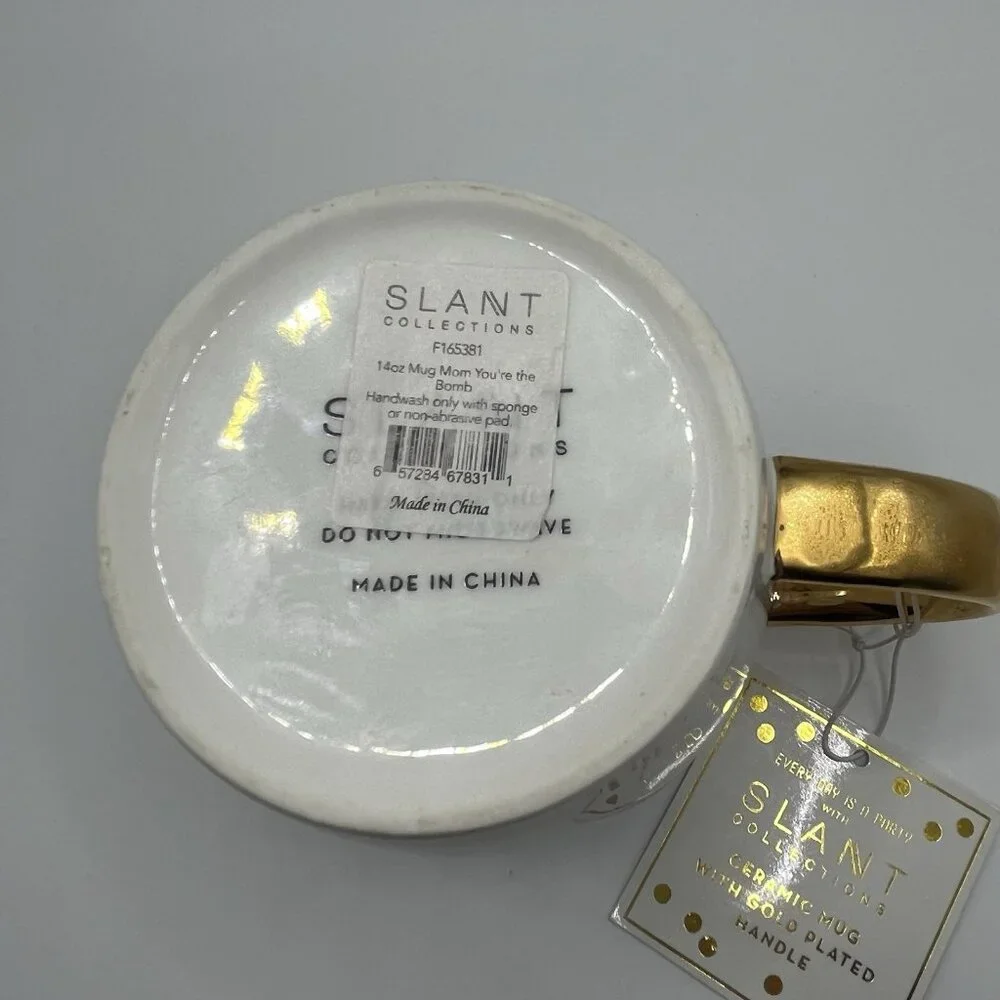 Slant Collections Mug Cup Ceramic Gold Plated Handle “Mom You're the Bomb” NEW